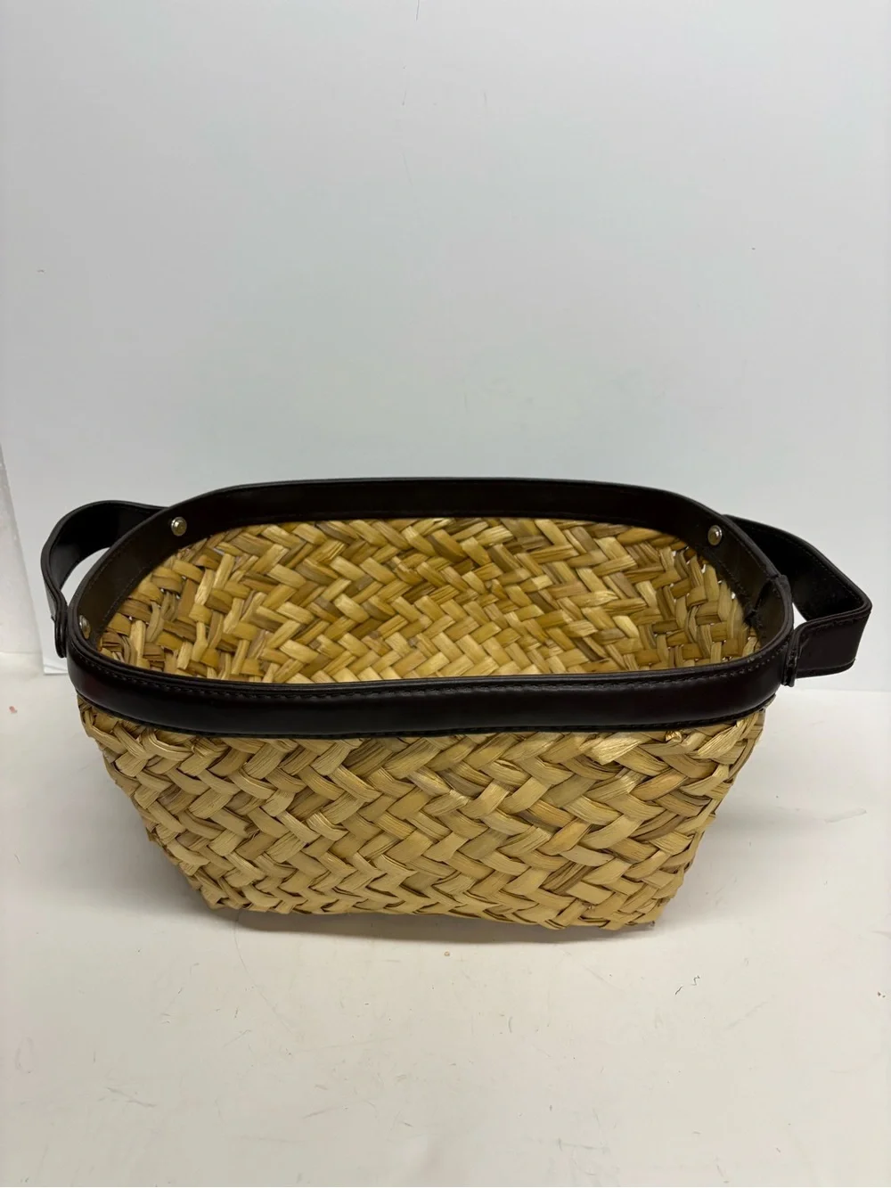 Woven Straw Handled Basket with Dark Brown Leather Trim 14x10x6.5”